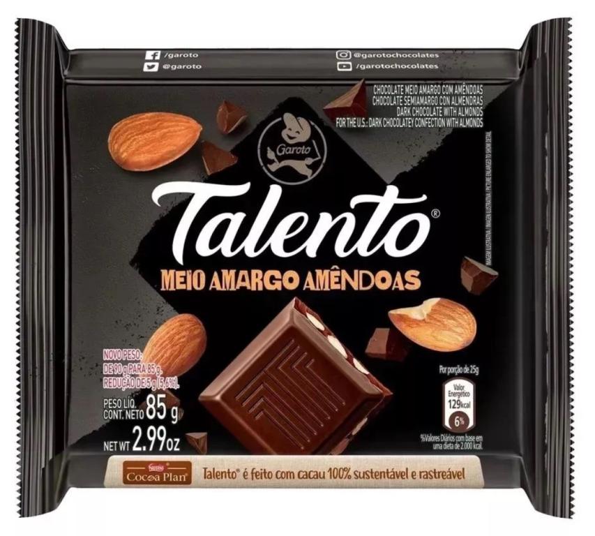 BARRA TALENTO CHOC. MEIO AMARGO AMENDOAS 85G