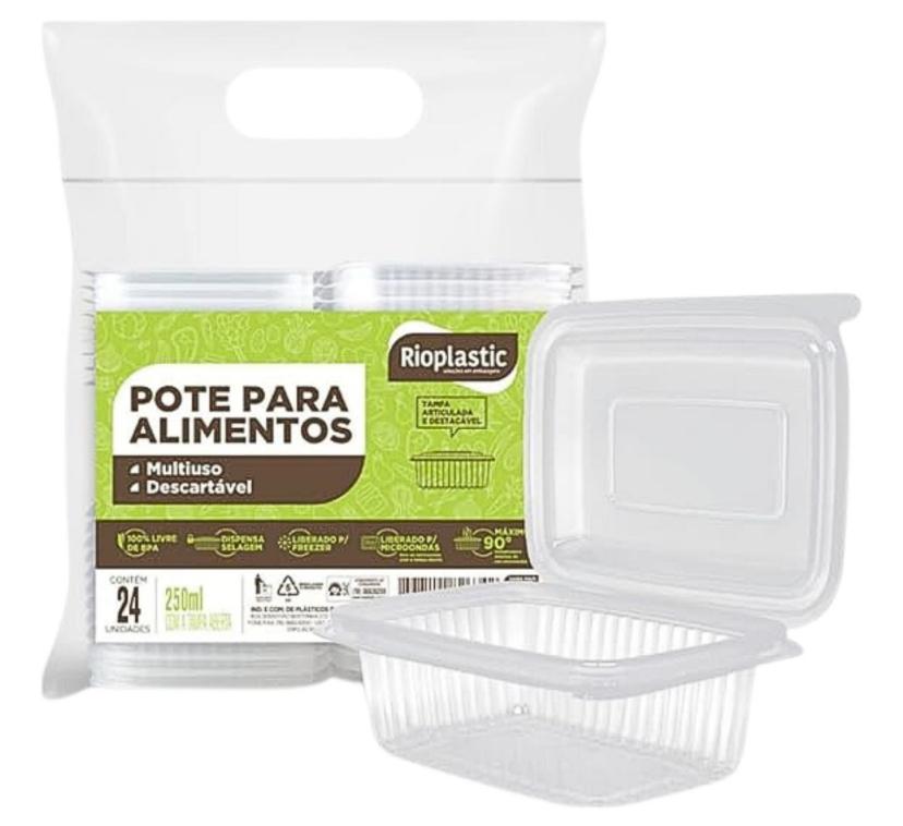KIT POTE C/ TAMPA RIOPLASTIC RETANGULAR PP 250ML C/24UN