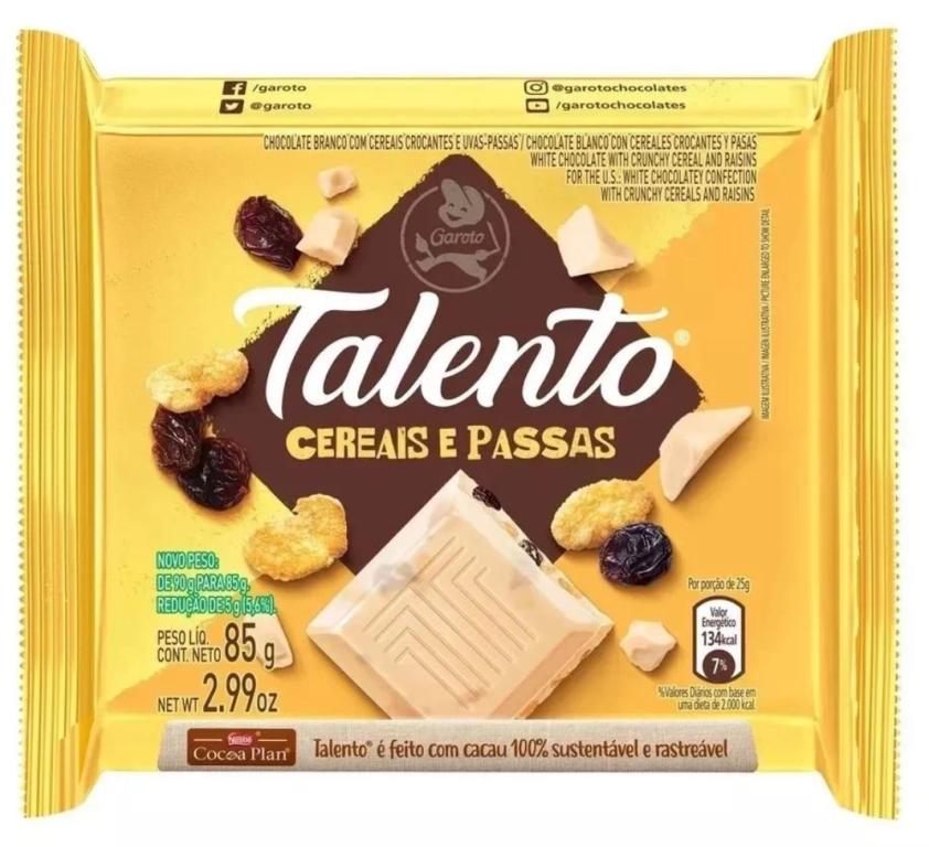 BARRA TALENTO CHOC. BRANCO CEREAIS E PASSAS 85G