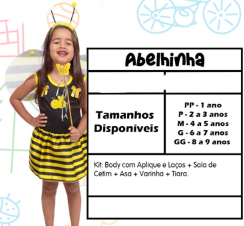 FANTASIA ABELINHA + TIARA + ASA DE ABELINHA + CETRO TAM. P