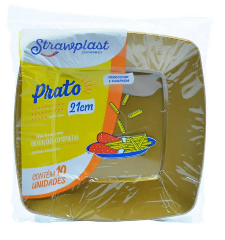 PRATO QUADRADO STRAWPLAST DOURADO 21CM C/10UN