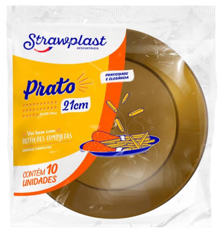 PRATO REDONDO STRAWPLAST DOURADO 21CM C/10UN