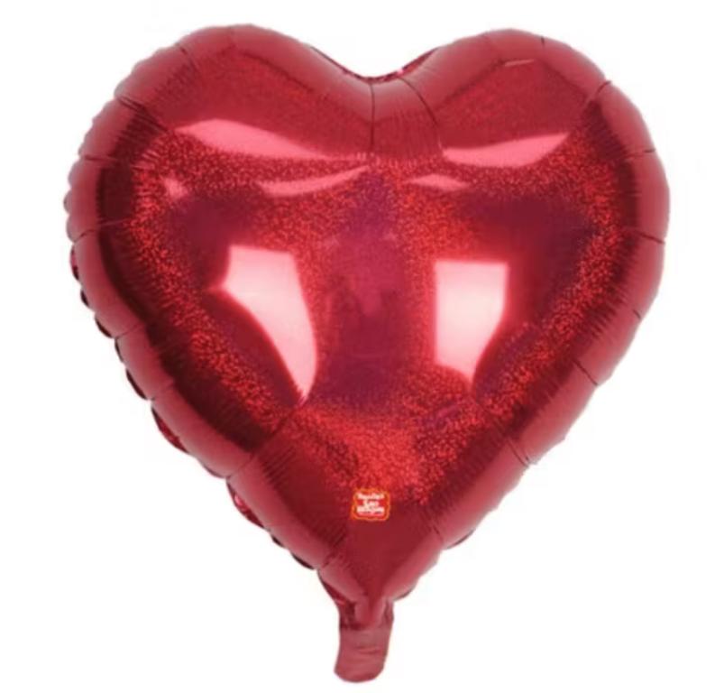 BALAO METALIZADO CORACAO HOLOGRAFICO VERMELHO 45CM