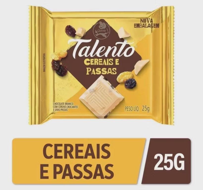 BARRA TALENTO CHOC. BRANCO CEREAIS E PASSAS DP/15X25G