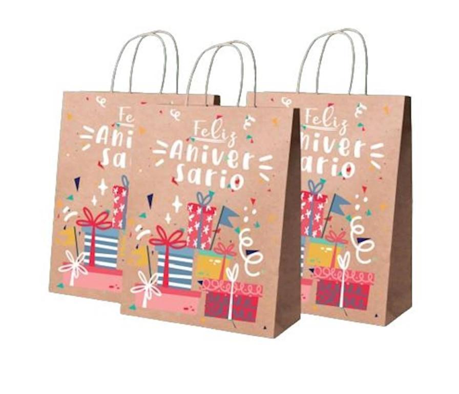 SACOLA PAPEL KRAFT FELIZ ANIVERSARIO P 26X21X09CM C/05UN