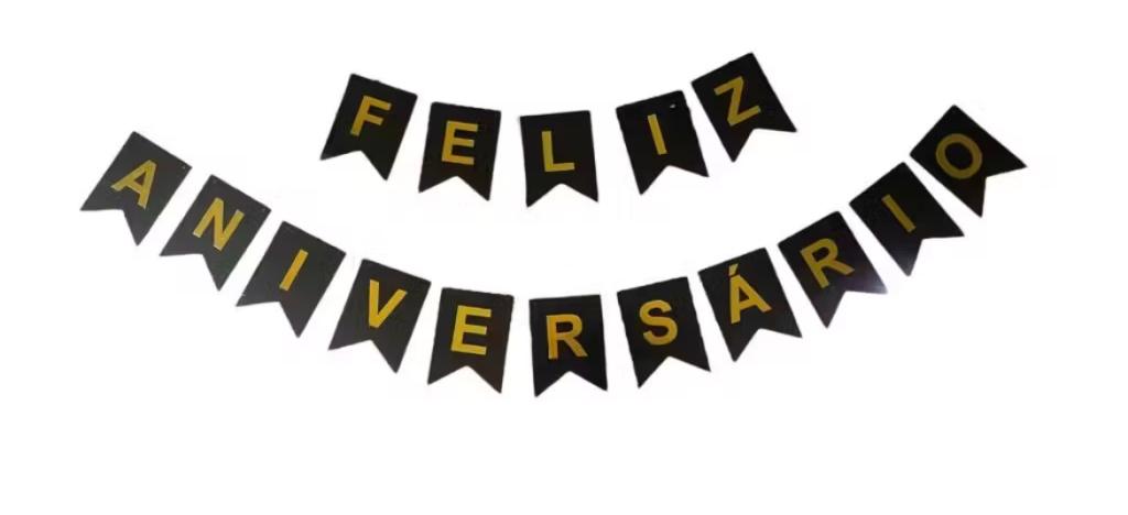 FAIXA FELIZ ANIVERSARIO PRETO C/ DOURADO
