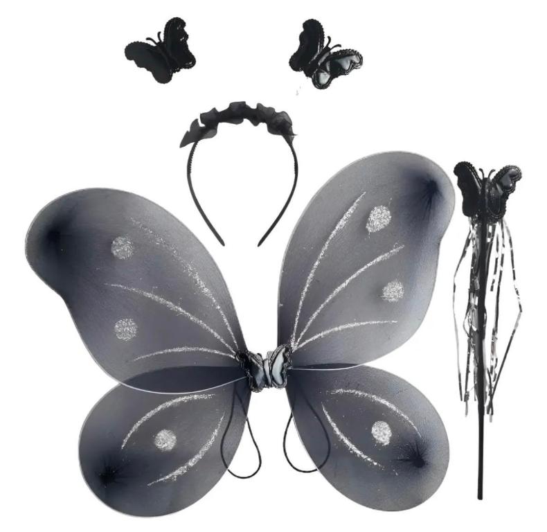 KIT BORBOLETA ASA, CETRO E TIARA PRETO C/03PCS