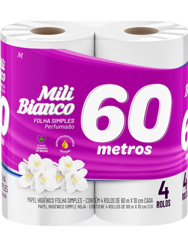 PAPEL HIGIENICO MILI BIANCO PERFUMADO FOLHA SIMPLES 4X60M