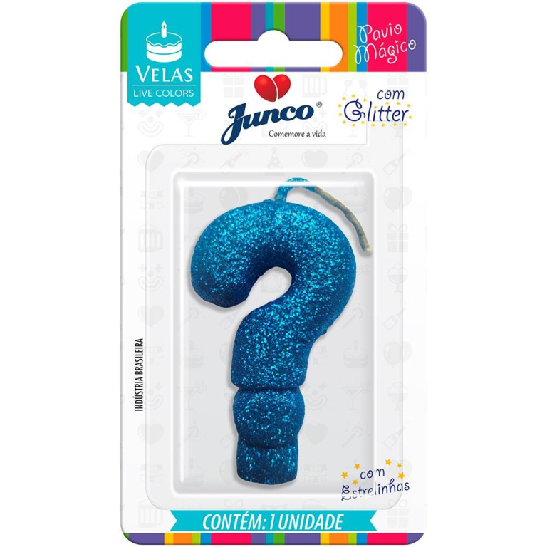 VELA ANIVERSARIO LIVE COLORS C/ GLITTER AZUL INTERROGACAO  C/10