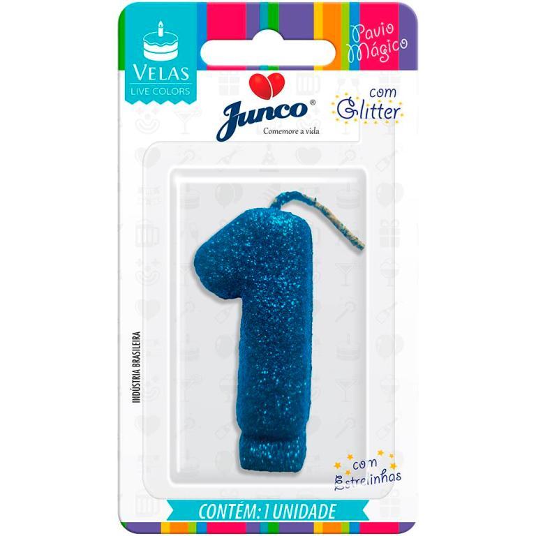VELA ANIVERSARIO LIVE COLORS C/ GLITTER AZUL N.1  C/10