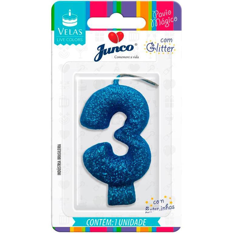 VELA ANIVERSARIO LIVE COLORS C/ GLITTER AZUL N.3  C/10