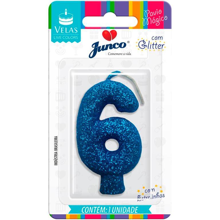 VELA ANIVERSARIO LIVE COLORS C/ GLITTER AZUL N.6  C/10