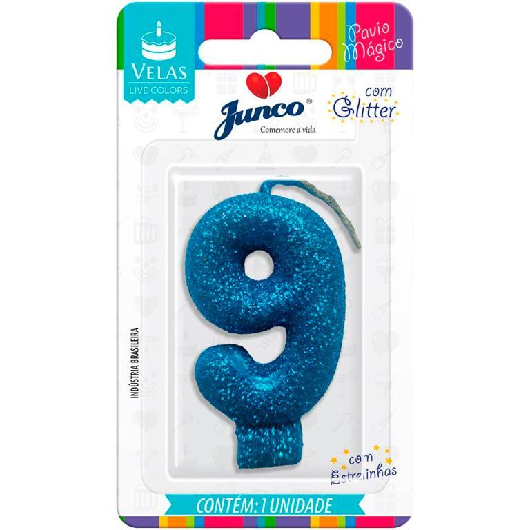 VELA ANIVERSARIO LIVE COLORS C/ GLITTER AZUL N.9  C/10