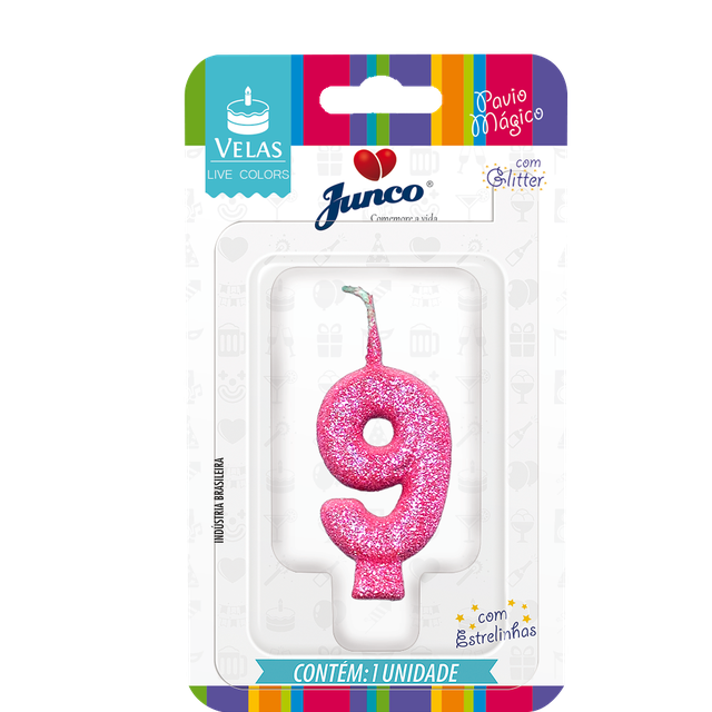 VELA ANIVERSARIO LIVE COLORS C/ GLITTER ROSA BEBE N.9  C/10