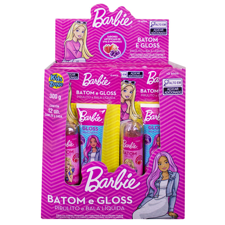 BALA LIQUIDA E PIRULITO BARBIE BATOM & GLOSS DP C/12