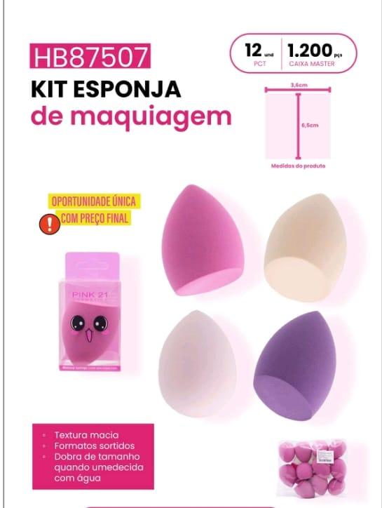 ESPONJAS DE MAQUIAGEM PACOTE MISTO (GOTA E CHANFRADA) C/12 UNID - PINK 21