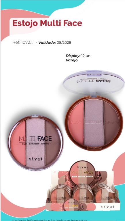 ESTOJO MULTI FACE (BLUSH, ILUMINADOR, CONTORNO) C/12 UNID - VIVAI