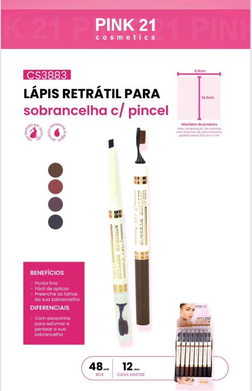 LÁPIS RETRÁTIL PARA SOBRANCELHAS C/PINCEL STYLISH 2 IN 1 C/48 UNID - PINK 21