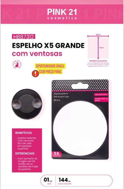 ESPELHO X5 GRANDE COM SILICONE ATRÁS P/ ADERIR - AVULSO - PINK 21