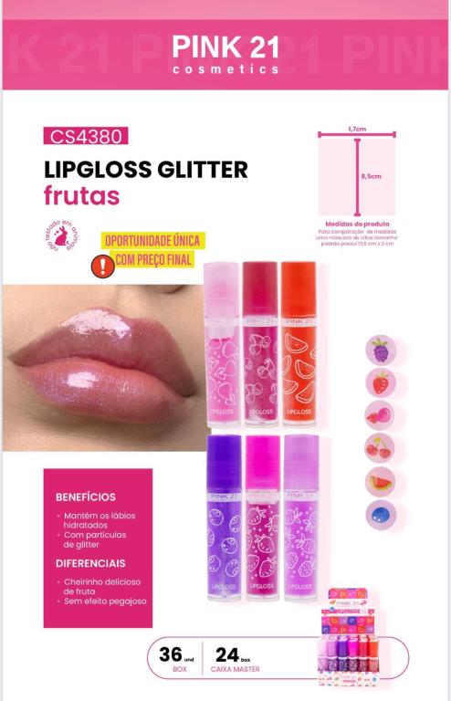 LIPGLOSS GLITTER FRUTAS C/36 UNID - PINK 21