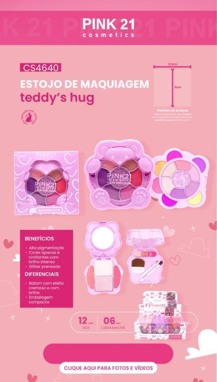 KIT DE MAQUIAGEM BEAR (SOMBRA,ILUMINADOR,BATOM,BLUSH E GLITTER) C/12 UNID - PINK 21