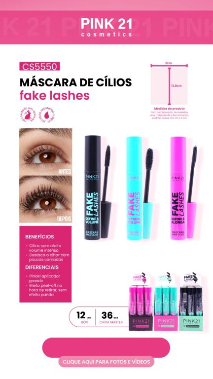 MÁSCARA PARA CÍLIOS FAKE LASHES VERDE (EXTRA VOLUME) C/12 UNID - PINK 21