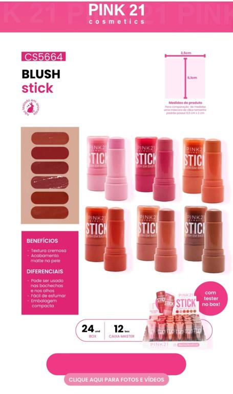BLUSH EM BASTÃO STICK C/24 UNID - PINK 21