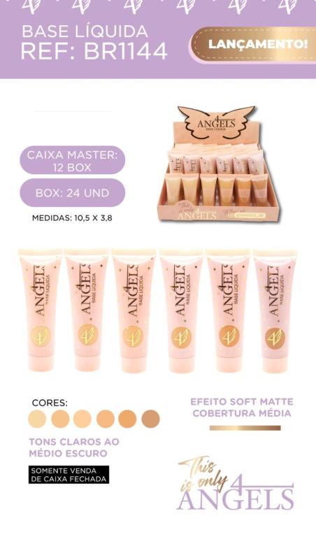 BASE LIQUIDA SOFT MATTE (TONS MÉDIOS AO MÉDIO ESCURO) C/24 UNID - 4 ANGELS
