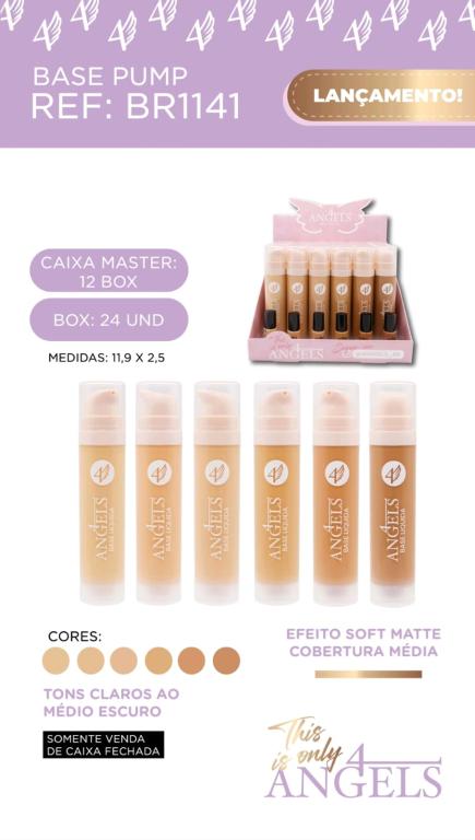 BASE LÍQUIDA SOFT MATTE (EMBALAGEM PUMP - TONS CLAROS AO MÉDIO ESCURO ) C/24 UNID - 4 ANGELS