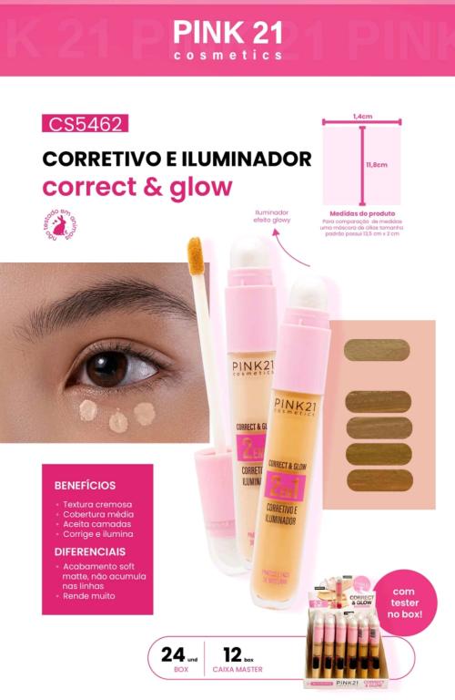 CORRETIVO E ILUMINADOR CORRECT & GLOW C/ 24 UNID - PINK 21