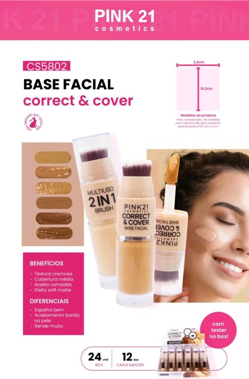 BASE FACIAL CORRECT & COVER C/ PINCEL C/ 24 UNID - PINK 21