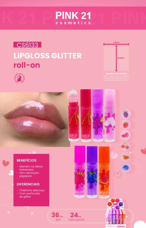 LIPGLOSS GLITTER ROLL-ON C/36 UNID - PINK 21