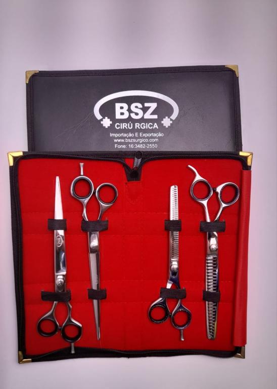 Kit de Tesouras em Aço Inox 8" BSZ c/ 4 Cor Prata (reta, curva, semi dentada, tubarão)