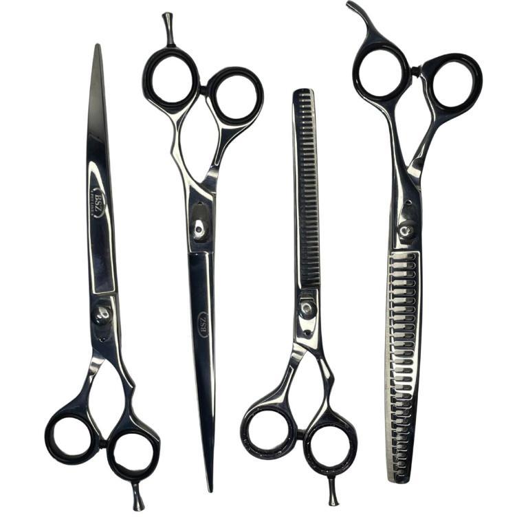 Kit de Tesouras em Aço Inox 8" BSZ c/ 4 Cor Prata (reta, curva, semi dentada, tubarão)