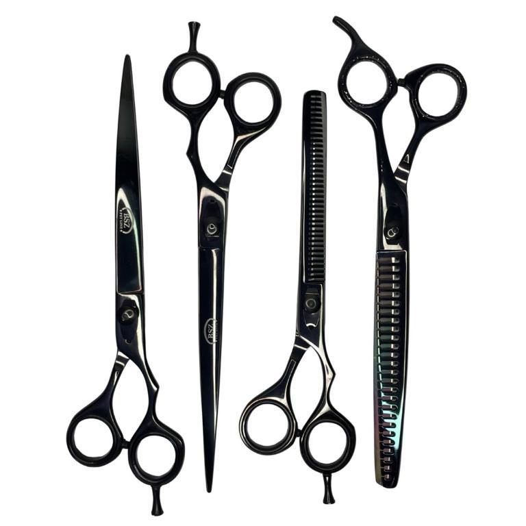 Kit de Tesouras 8 polegadas em Aço Inox BSZ c/ 4 Cor Preta (reta, curva, semi dentada, tubarão)