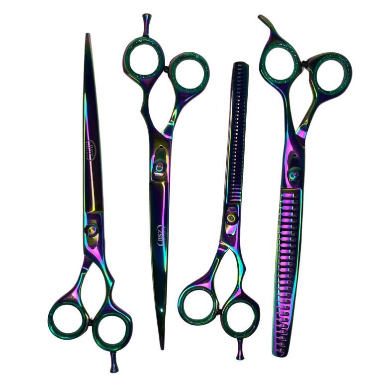 Kit de Tesouras em Aço Inox 8" BSZ c/ 4 Multicolor (reta, curva, semi dentada, tubarão)