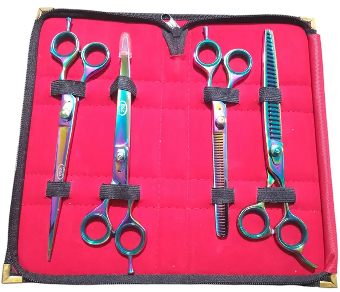 Kit de Tesouras em Aço Inox 8" BSZ c/ 4 Multicolor (reta, curva, semi dentada, tubarão)