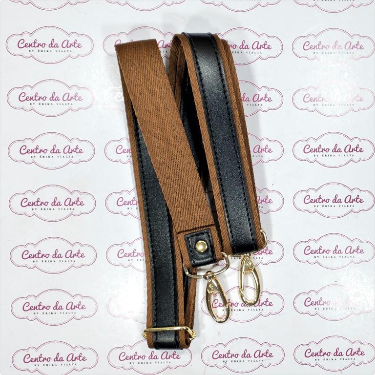ALÇA TRANSVERSAL 2CM CHIC/COURO - CARAMELO/PRETO  OURO