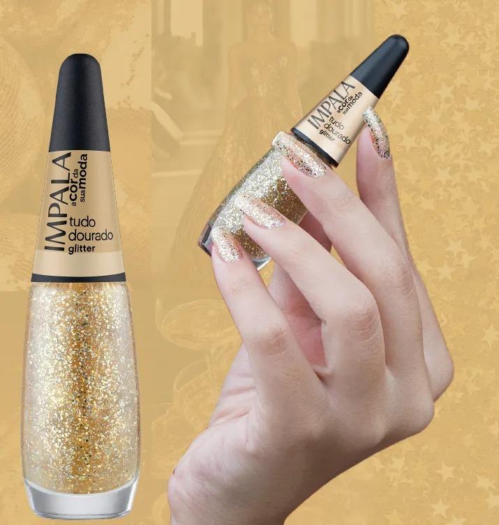 Esmalte Impala A Cor da Moda Efeito Pó Cromado Glitter Cor:4 - Tudo Dourado