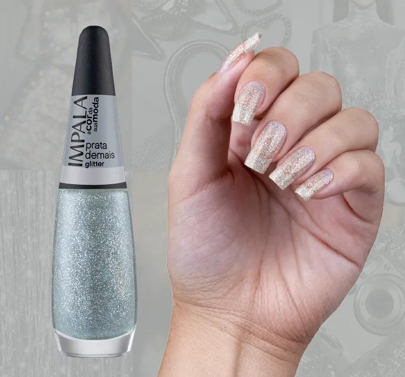 Esmalte Impala A Cor da Moda Efeito Pó Cromado Glitter Cor:5 - Prata de Mais