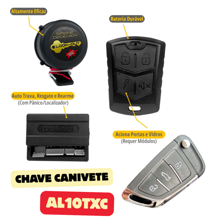 ALARME AL10 CANIVETE LOOK OUT ( 1 CONTROLE CANIVETE + 1 CONTROLE  ) Com Bloqueio