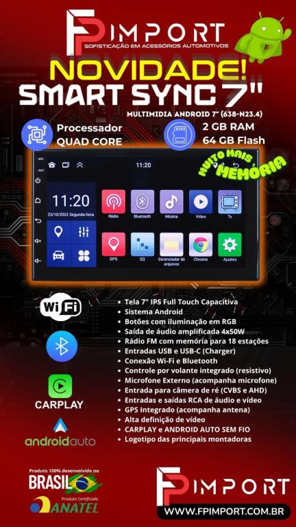 MIDIA SMART SINC 7 POLEGADAS ANDROID 2G+64G QUADCORE CARPLAY/ANDROID AUTO FP IMPORT