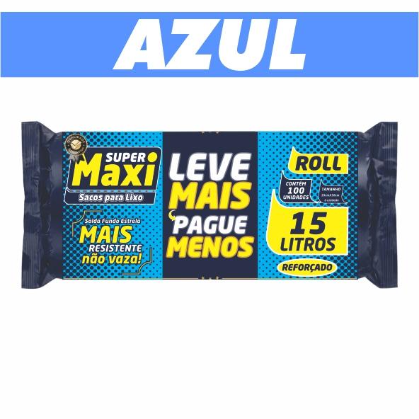 SACO PARA LIXO SUPER MAXI PROMO ***ROLO***AZUL*** LEVE MAIS PAGUE MENOS - 15L PCT C/ 100 UND - FARDO C/ 06 PCTS