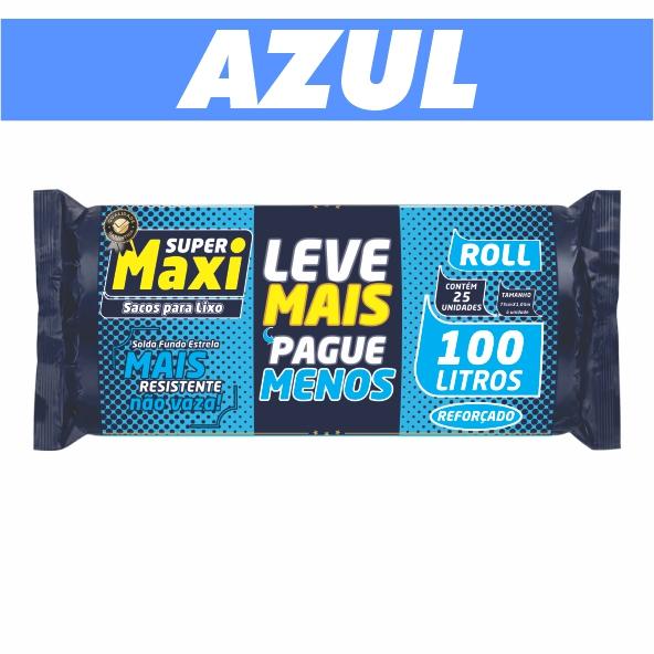 SACO PARA LIXO SUPER MAXI PROMO ***ROLO***AZUL*** LEVE MAIS PAGUE MENOS - 100L PCT C/ 25 UND - FARDO C/ 06 PCTS