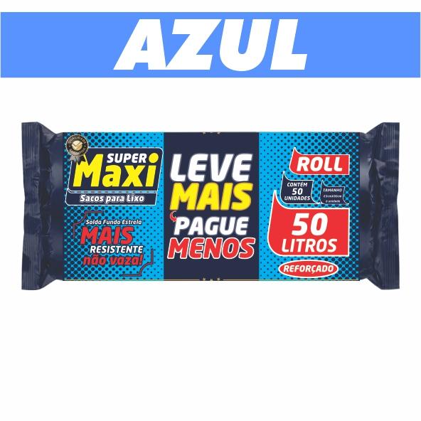 SACO PARA LIXO SUPER MAXI PROMO ***ROLO***AZUL*** LEVE MAIS PAGUE MENOS - 50L PCT C/ 50 UND - FARDO C/ 06 PCTS