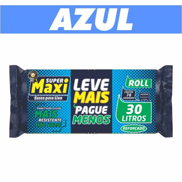 SACO PARA LIXO SUPER MAXI PROMO ***ROLO***AZUL*** LEVE MAIS PAGUE MENOS - 30L PCT C/ 70 UND - FARDO C/ 06 PCTS