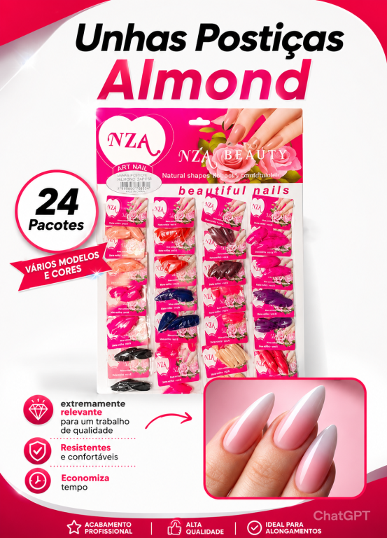 Cartela de Unhas Postiças ALMOND Coloridas - NZA BEAUTY
