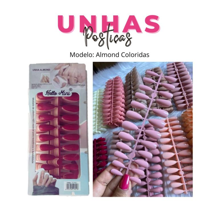 Unhas Postiças Almond Coloridas c/24 pçs - HELLO MINI