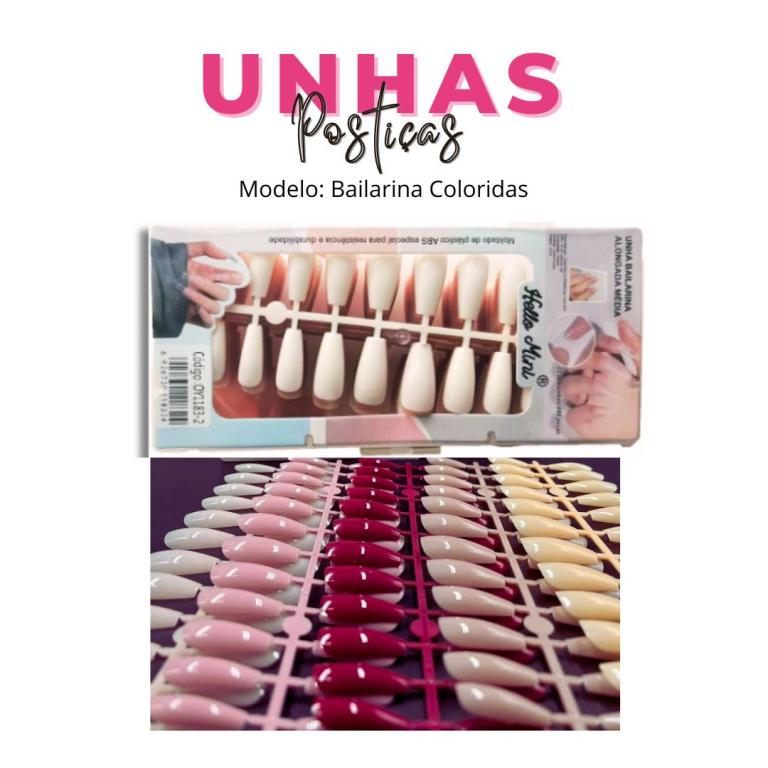 Unhas Postiças Bailarina Média Coloridas c/24 pçs - HELLO MINI