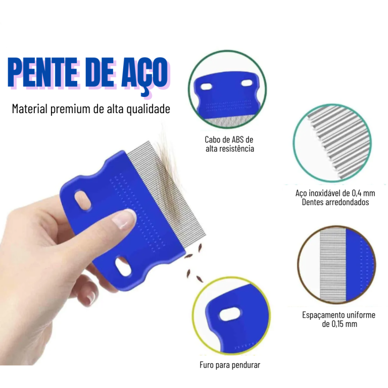 Pente Fino Extrator de Piolhos em Aço Inox